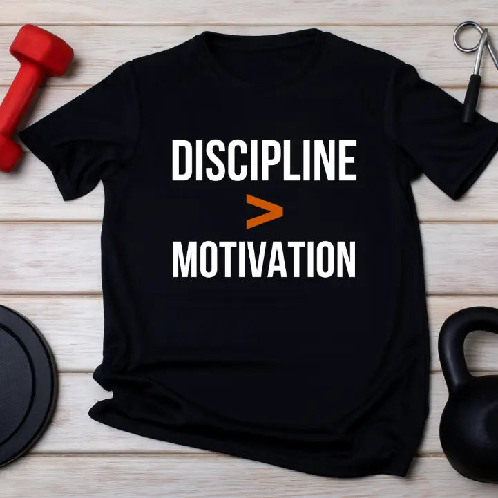 Black t-shirt with 'Discipline > Motivation' text on a wooden surface with fitness equipment.