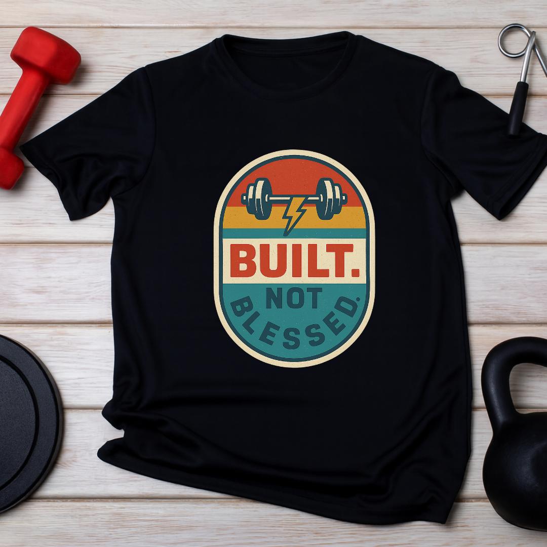 Build Not Blessed black white t-shirt lifestyle shot - fitness apparel