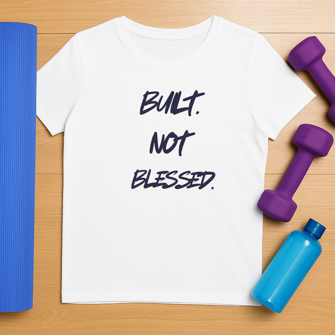 Build Not Blessed white gym t-shirt side view - 180 GSM cotton