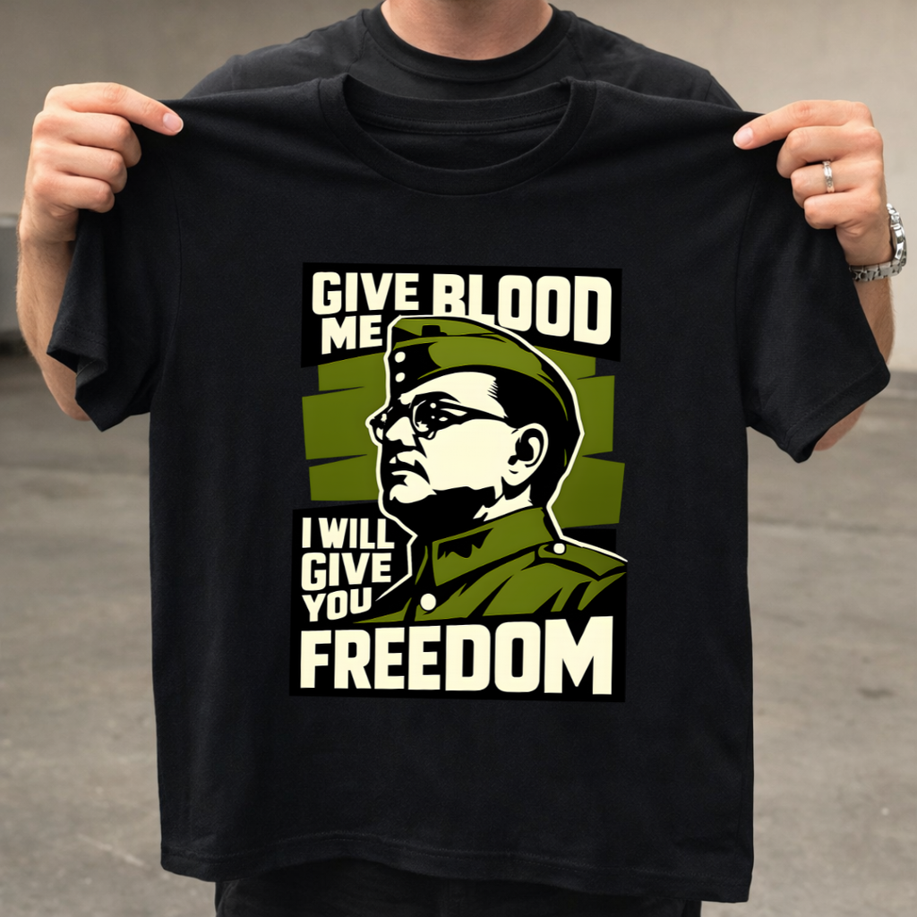 Netaji Bose black cotton t-shirt back design - patriotic streetwear