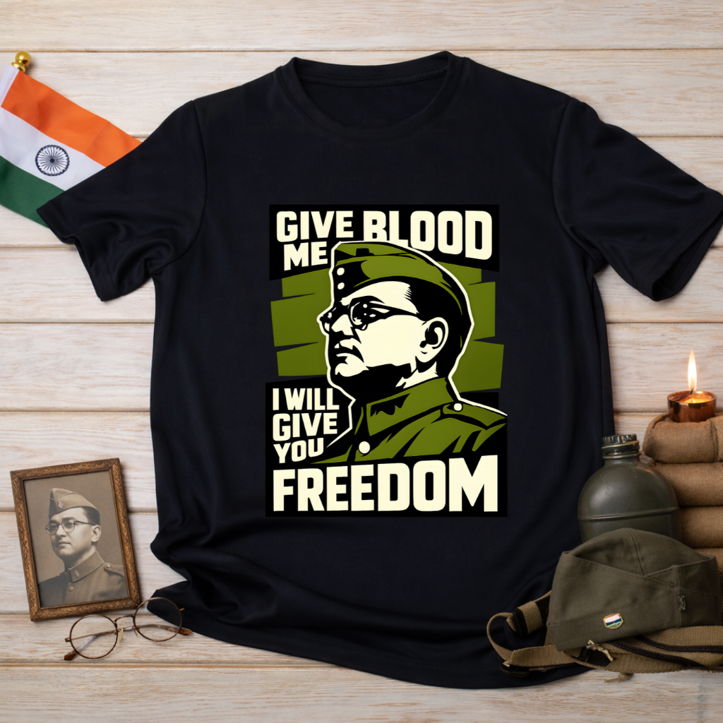 Netaji Subhas Chandra Bose black t-shirt front view - Indian freedom fighter tribute