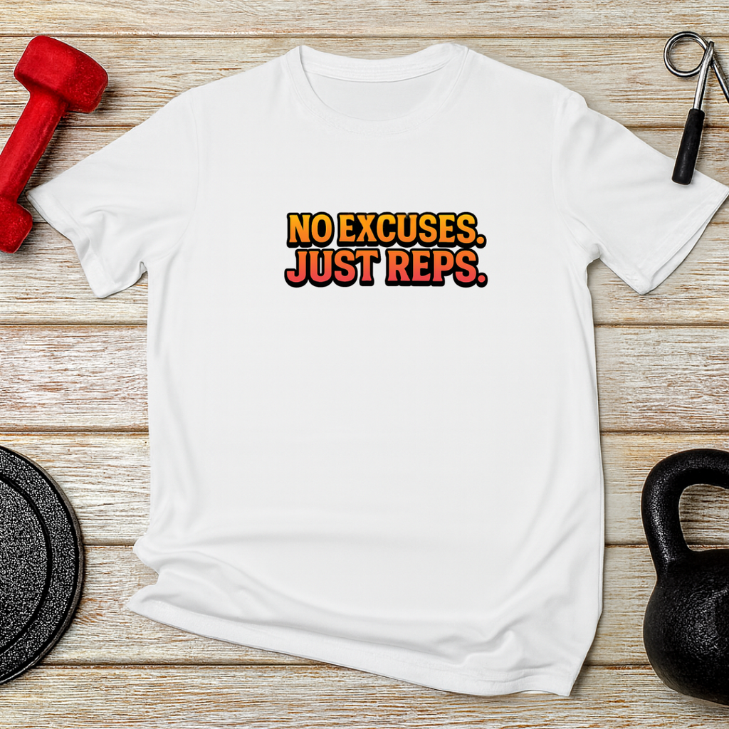 No Excuses Just Reps white cotton t-shirt back design - premium workout wear