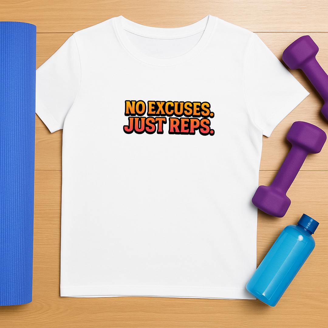 No Excuses Just Reps white fitness t-shirt detail - 180 GSM pure cotton streetwear