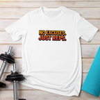 No Excuses Just Reps white gym t-shirt front view - motivational fitness apparel