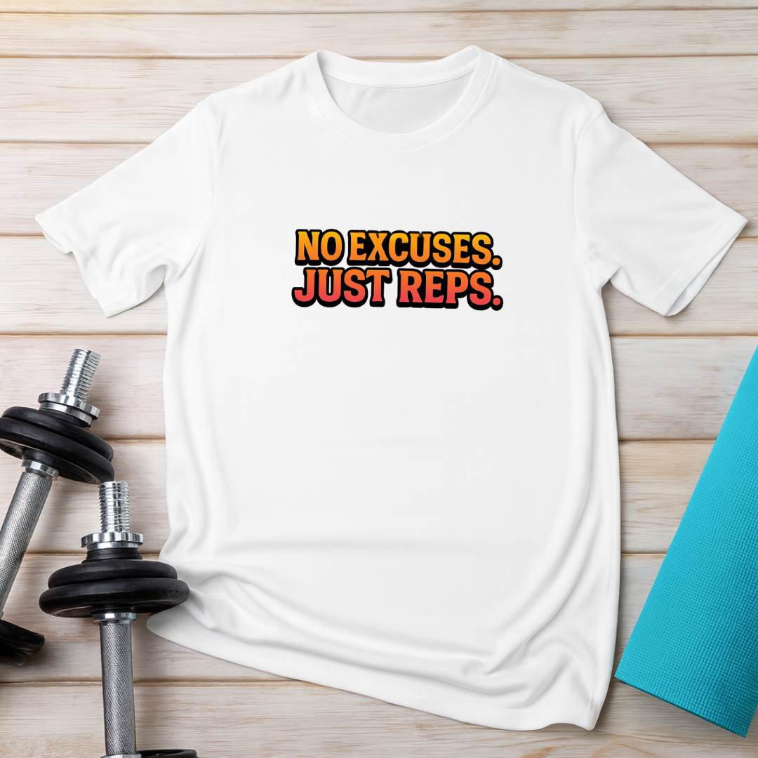 No Excuses Just Reps white gym t-shirt front view - motivational fitness apparel